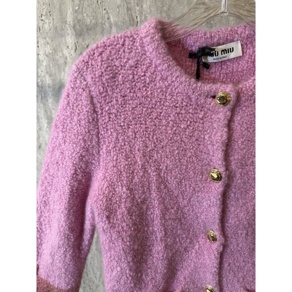 Miu Miu Pink Bouclé Wool-Blend Button-Up Cardigan With Pockets - Picture 8 of 16